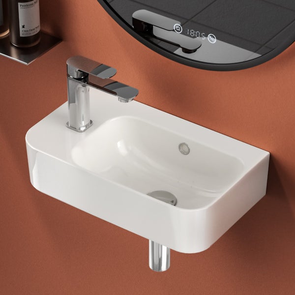 EMKE Hängewaschbecken 450 x 265 mm, Eckiges Keramik Waschbecken, mit Hahnloch links, glänzend Weiß, Höhe 156 mm, pflegeleicht, für Badezimmer