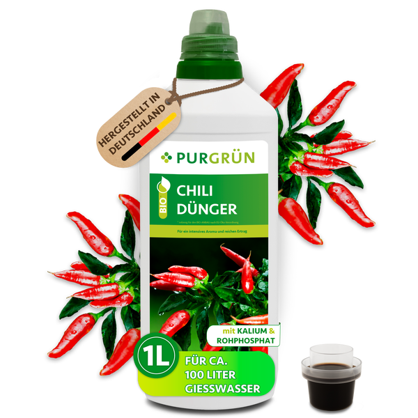 Bio Chili Dünger von Purgrün in einer weißen 1 Liter Flasche, flüssig, reicht für circa 100 Liter Gießwasser, hergestellt in Deutschland.