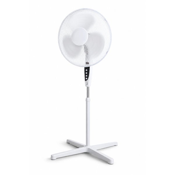 Höhenverstellbarer Standventilator in Weiß mit drei Rotorblättern, Schutzgitter und Kreuzfuß.