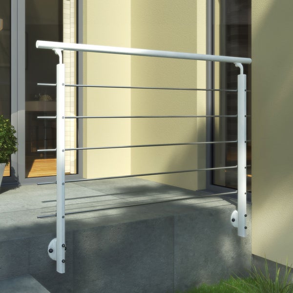 Dolle Brüstungsgeländer zur Wandmontage 1,5m Aluminium weiß mitlaufende Edelstahlstäbe Pfosten weiß oval, Handlauf weiß, rund