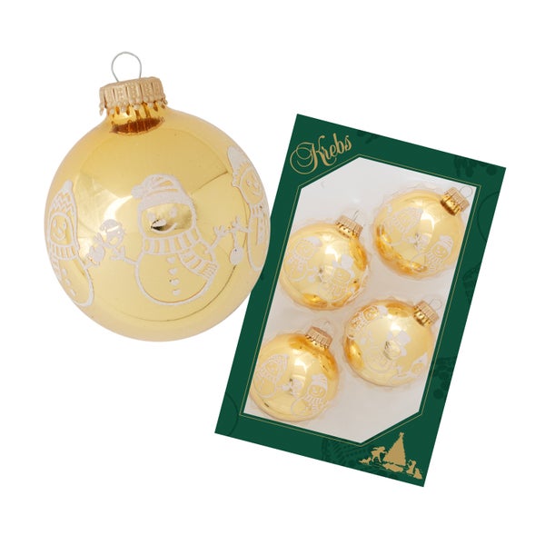 Gold glanz 7cm Glaskugel mit weißer Banddekoration Schneemänner bestreut, 4 Stck., Weihnachtsbaumkugeln, Christbaumschmuck, Weihnachtsbaumanhänger