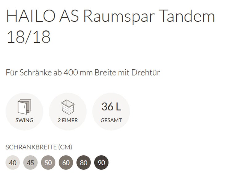 Hailo AS Raumspar Tandem Abfalltrennsystem für Schrankbreiten ab 400 Millimeter mit Drehtür, zwei Eimer mit insgesamt 36 Liter Volumen.