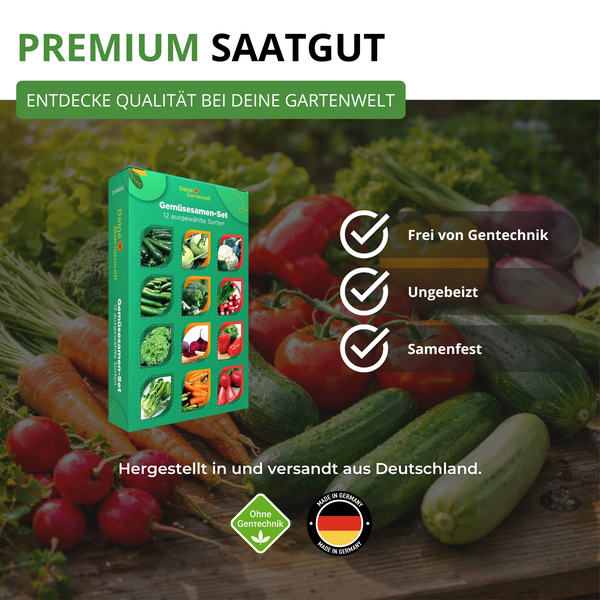 Gemüsesamen-Set mit zwölf Sorten von Deine Gartenwelt, frei von Gentechnik, ungebeizt und samenfest, hergestellt in Deutschland.