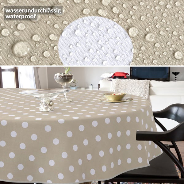 Beige Tischdecke mit weißen Punkten und wasserabweisender Oberfläche