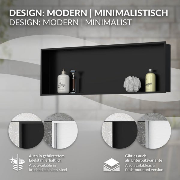 Moderne minimalistische Wandnische aus Edelstahl für das Badezimmer in Schwarz, auch als Unterputzvariante verfügbar.