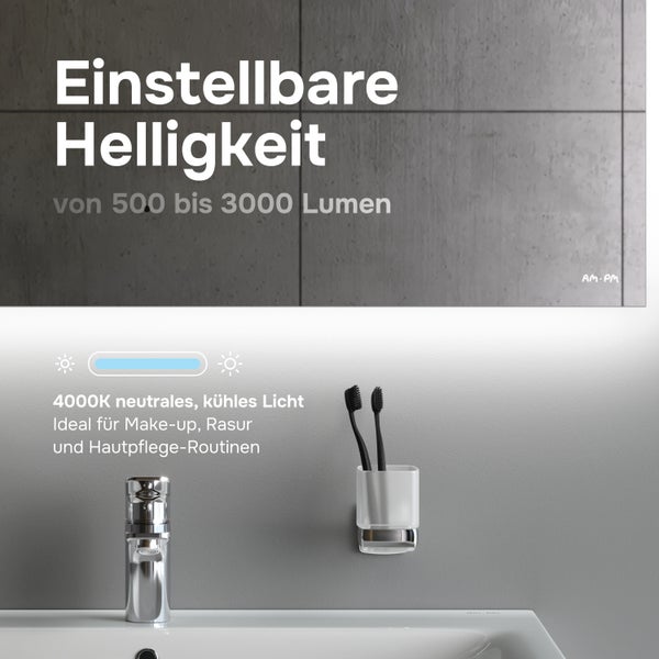 AM.PM Logo, einstellbare Helligkeit von 500 bis 3000 Lumen, 4000 Kelvin neutrales, kühles Licht für Make-up und Rasur, Waschtisch mit Armatur.