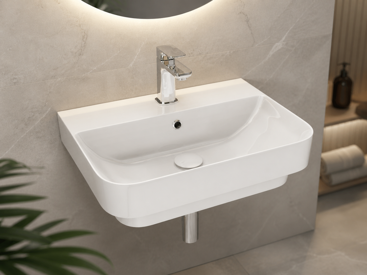 Wand-Waschbecken aus Keramik mit Armatur in einem modernen Badezimmer.