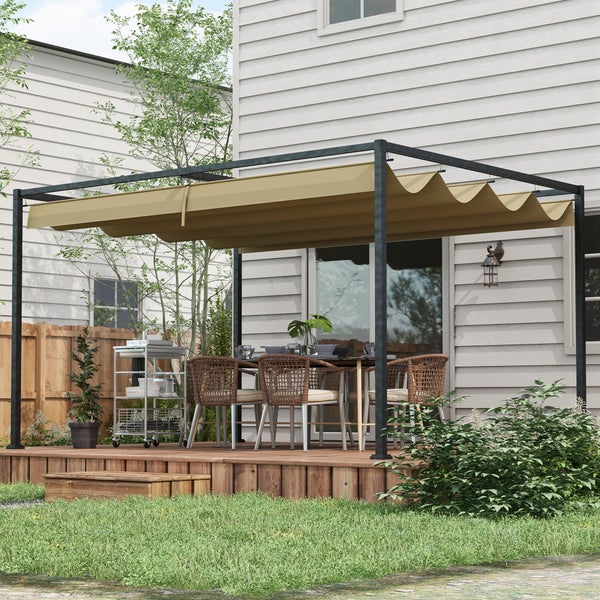 Outsunny Pergola 4x3m Garten Pavillon, Terrassendachung aus Stahl, Gartenpavillon mit verstellbares Dach, Freistehend, Sonnenschutz für Terrasse und Garten, Khaki