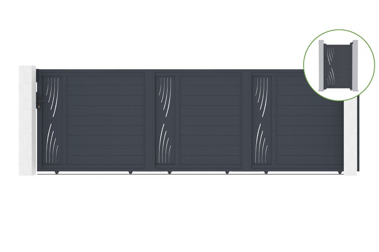 Technische Zeichnung eines Gartentors mit Abmessungen und Zubehördetails