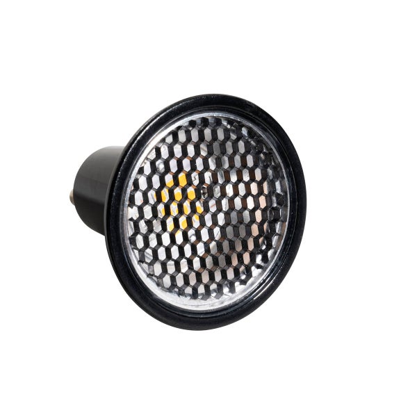 LED-Leuchtmittel GU10 mit Wabenraster zur Blendungsbegrenzung, schwarzes Gehäuse.