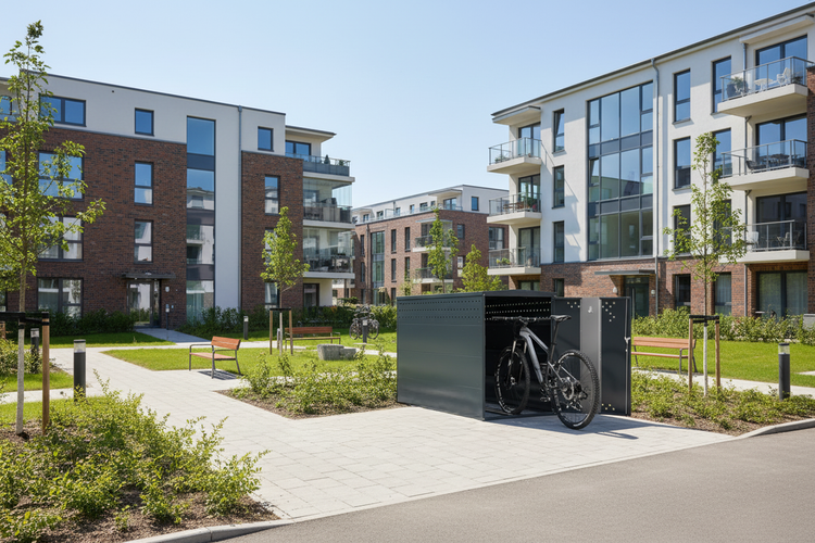 Fahrradbox zur Aufbewahrung von Fahrrädern im Freien in einer Wohnanlage