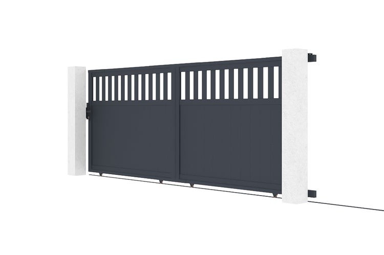 Doppeltor aus Metall mit vertikalen Streben