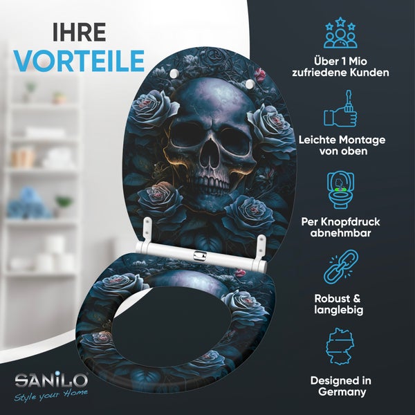 Toilettensitz von Sanilo mit Totenkopf und Rosen Motiv inklusive Montagevorteilen und Produktmerkmalen auf einer Infografik dargestellt.