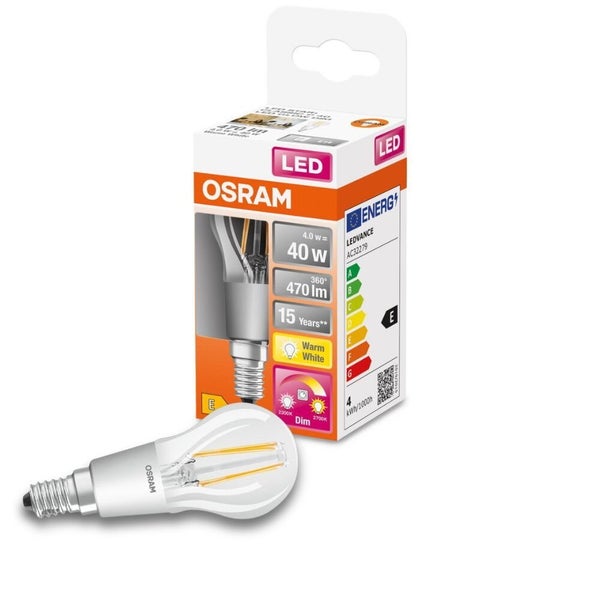 OSRAM LED Filament Lampe ersetzt 40W E14 Tropfen - P45 4W 470lm 2200-2700K dimmbar Einerpack