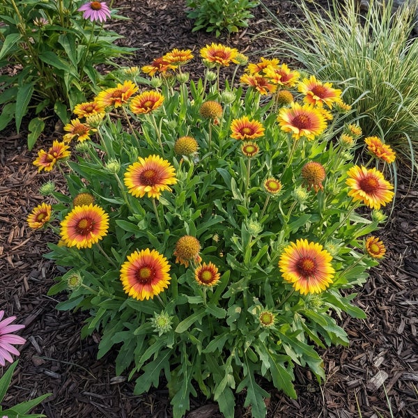 Kokardenblume Gaillardia mit gelben und roten Blüten, gepflanzt in einem Gartenbeet mit dunklem Mulch.