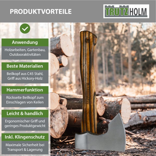 Trutzholm Spaltbeil mit Hickory Holzgriff und C45 Stahl Kopf für Holz- und Gartenarbeiten inklusive Klingenschutz.