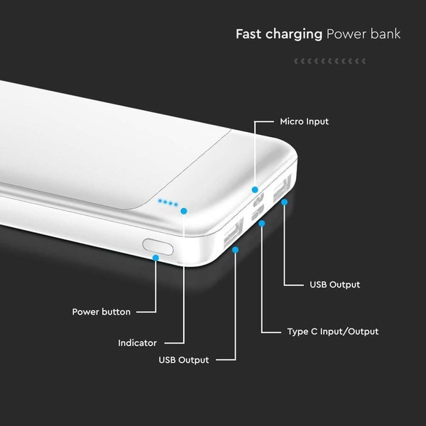 Schnelllade-Powerbank mit Micro-Eingang, USB-Ausgang, Typ-C-Eingang/-Ausgang, Betriebsanzeige und Ein-/Aus-Schalter