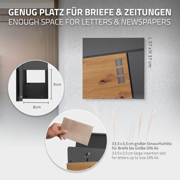 Wandbriefkasten mit Holzfront, anthrazit. Maße 37 mal 37 Zentimeter. Zeitungsfach 8 mal 9 Zentimeter. Briefschlitz 33,5 mal 3,5 Zentimeter für DIN A4 Briefe.