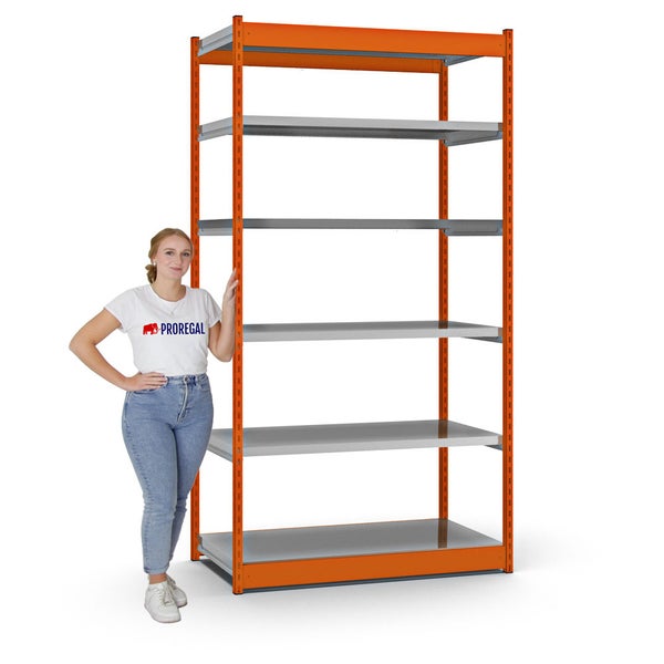 PROREGAL Fachbodenregal Stecksystem Vierkant-Profil Grundregal HxBxT 250 x 132,5 x 60 cm 6 Ebenen Einseitige Bauart Fachlast 200 kg Orange