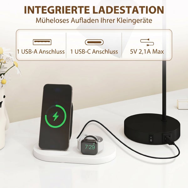 Schreibtischlampe mit integrierter Ladestation inklusive USB A und USB C Anschlüssen zum Aufladen von Smartphone und Smartwatch.