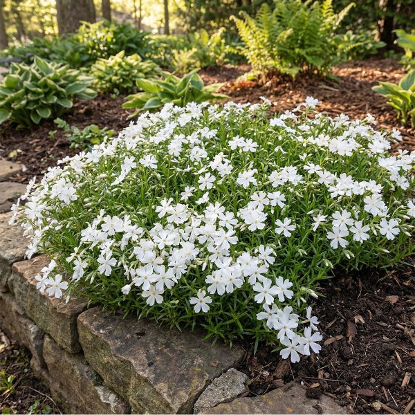Polster-Phlox mit weißen Blüten wächst über einer Steinmauer in einem Garten mit Mulch und Farnen.