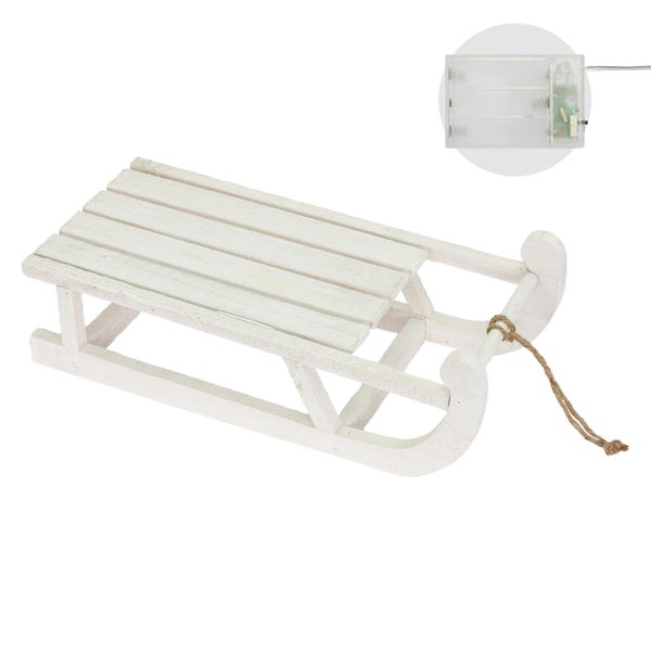 ECD Germany Deko Schlitten aus Holz, 50,5 x 13,5 x 23,5 cm, Weiß, mit LED, Weihnachtsdeko, Weihnachten Dekoration, mit Batterien, Holzschlitten, Holz Deko, Dekoration, Dekoschlitten, Winterdeko