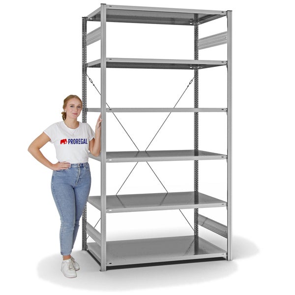 PROREGAL Fachbodenregal Stecksystem T-Profil Light-Duty Grundregal HxBxT 250 x 130 x 80 cm 6 Ebenen Fachlast 190 kg Einseitig Nutzbar Verzinkt