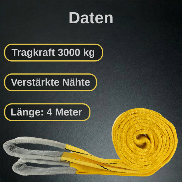 Hebegurt mit 3000 Kilogramm Tragkraft, verstärkten Nähten und 4 Meter Länge.
