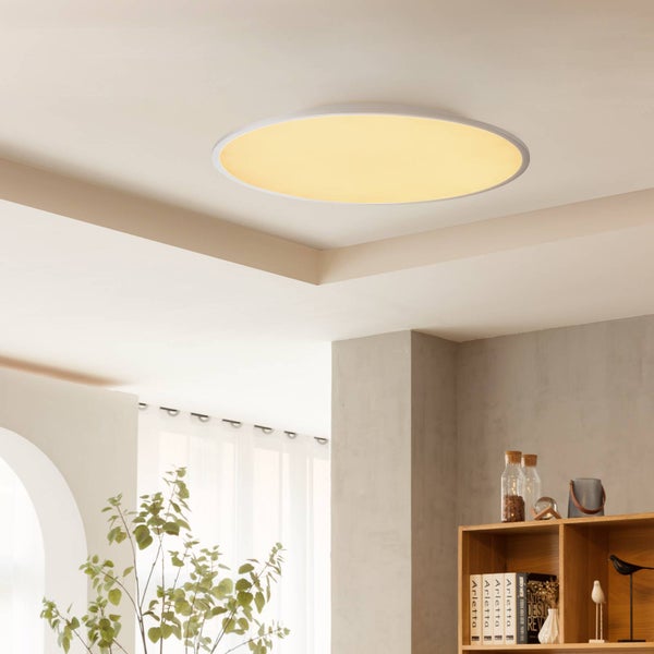 Runde flache LED-Deckenleuchte in einem hellen modernen Wohnraum mit Holzregal und Zimmerpflanzen