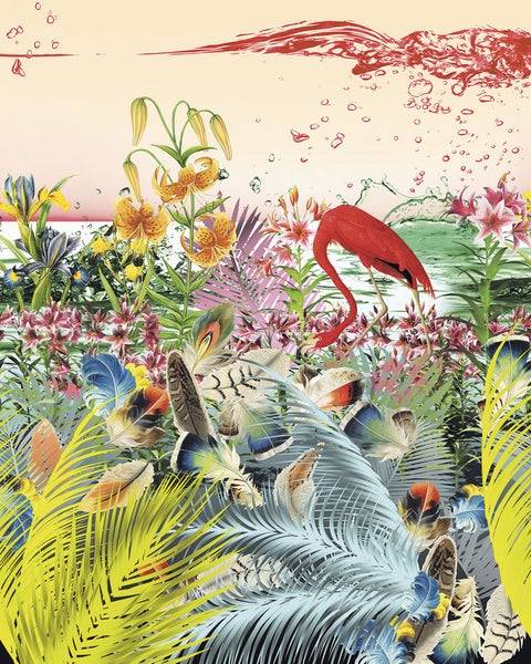 Dekoratives Bild mit Blumen, Federn und einem Flamingo für eine lebendige Atmosphäre