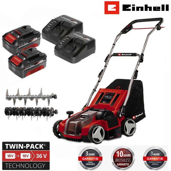 Einhell Akku-Vertikutierer-Lüfter-Set mit zwei 18 Volt Akkus, zwei Ladegeräten, zwei Walzen, Einhell Logo und Garantie-Siegeln.