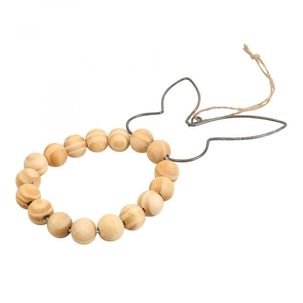 Dekorationsobjekt in Hasenform mit Holzkugeln und Aufhängeband