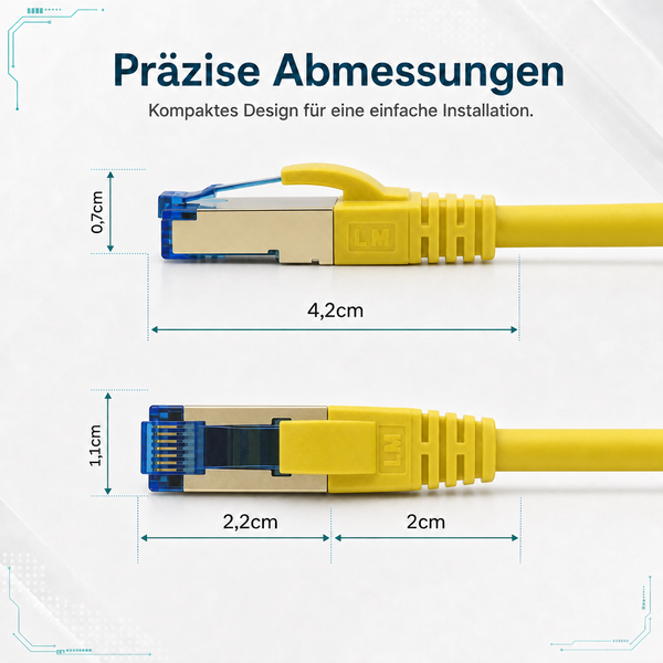 RJ45-Netzwerkstecker mit Abmessungen: Höhe 0,7 Zentimeter, Länge 4,2 Zentimeter und Breite 1,1 Zentimeter.