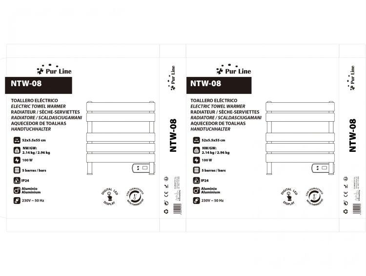 Verpackung eines elektrischen Handtuchwärmers mit den Maßen 52x5,5x55 Zentimeter, 100 Watt Leistung, fünf Stangen, Schutzart IP24 und aus Aluminium