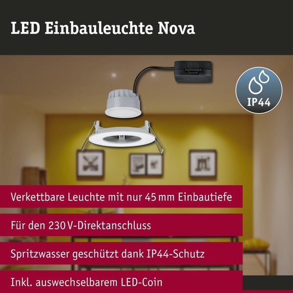 LED-Einbauleuchte Nova mit austauschbarem LED-Coin, 45 Millimeter Einbautiefe, 230 Volt Direktanschluss und Spritzwasserschutz nach IP44.