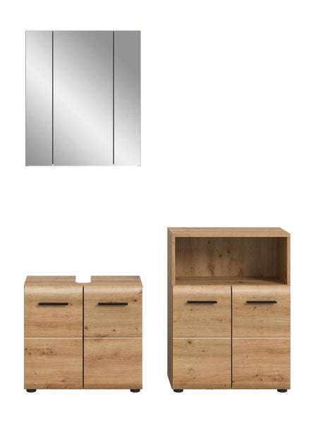 Dreiteiliges Badezimmermöbel-Set in Eichenoptik mit Spiegelschrank, Waschbeckenunterschrank und Beistellschrank mit schwarzen Griffen.