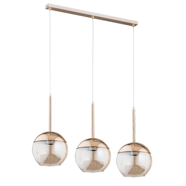 Moderne dreiflammige Pendelleuchte mit kugelformigen Glasschirmen und metallischer Aufhängung.
