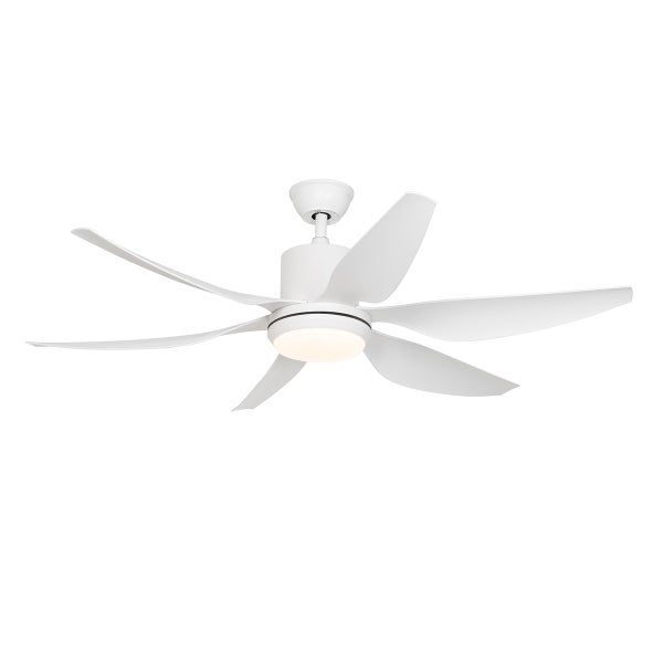 Weißer Deckenventilator mit sechs geschwungenen Flügeln und integrierter Leuchte.