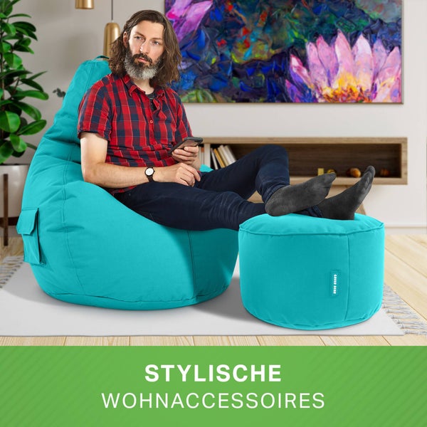 Green Bean 2er Set Sitzsack + Hocker - fertig befüllt - robust waschbar schmutzabweisend - Kinder & Erwachsene Bean Bag Bodenkissen Lounge Sitzhocker Relax-Sessel Gamer Gamingstuhl Pouf - Türkis