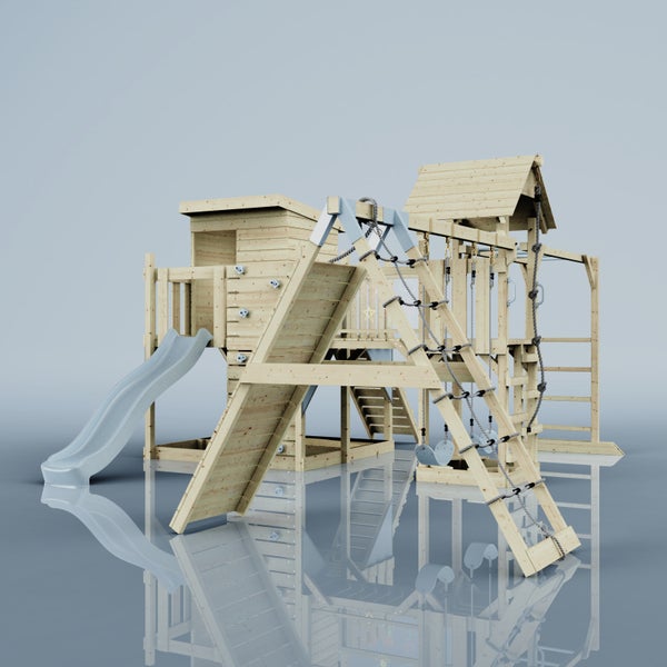 Holzspielplatz mit Rutsche, Kletterwand, Schaukel und Spielhaus für den Garten