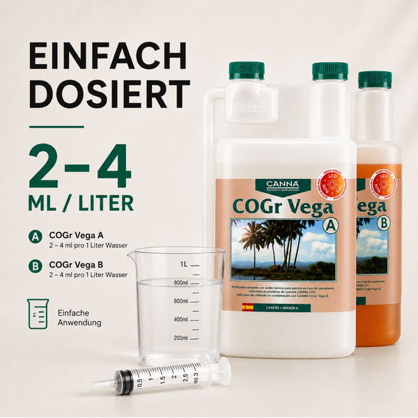 Canna COGr Vega A und B Pflanzendünger Set mit Dosierbecher und Spritze zur einfachen Anwendung mit zwei bis vier Milliliter pro Liter Wasser.