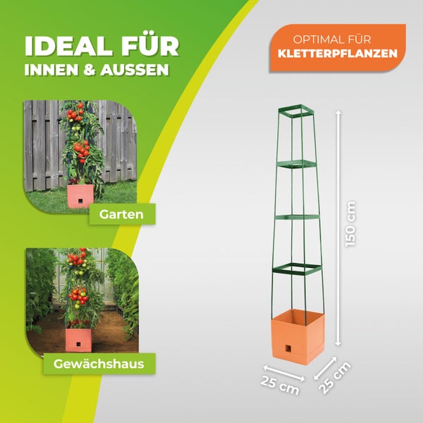 Rankhilfe für Kletterpflanzen mit Topf für innen und außen, Höhe 150 Zentimeter, Breite 25 Zentimeter, Tiefe 25 Zentimeter.