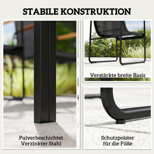 Detailansicht stabiler Gartenmöbel aus pulverbeschichtetem verzinktem Stahl mit verstärkter Basis und Schutzpolstern für die Füße.
