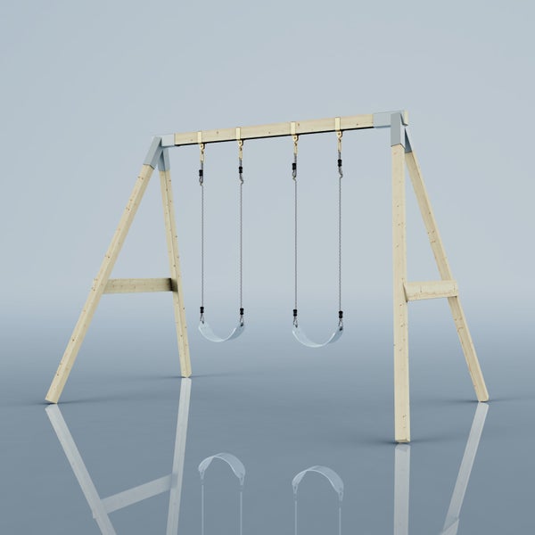 Gartenschaukel aus Holz mit zwei hellblauen Sitzen und einem stabilen Gestell aus hellem Holz.