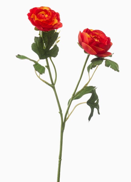 Künstliche Ranunkel in Rot mit grünem Stiel und Blättern.