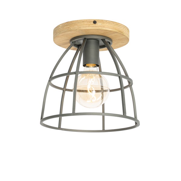Deckenleuchte im Industrie Design mit Holzelement und metallenem Lampenschirm in Gitteroptik
