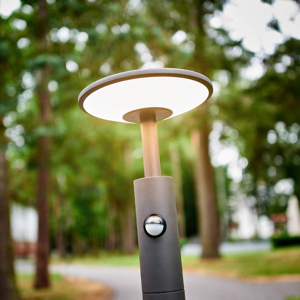 Moderne Außenwegleuchte mit rundem Kopf und integriertem Bewegungsmelder in einer parkähnlichen Umgebung.