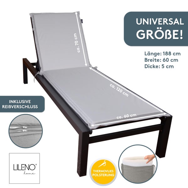 LILENO home Liegenauflage für Gartenliegen in Universalgröße mit den Maßen von circa 188 mal 60 Zentimeter und einer Dicke von 5 Zentimeter.