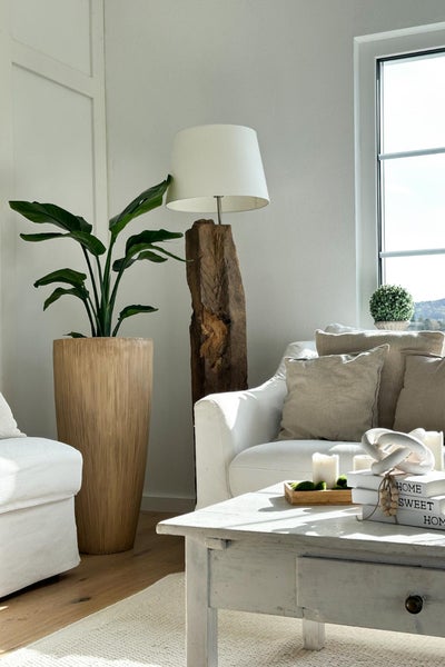 Hell eingerichtetes Wohnzimmer mit rustikaler Stehlampe aus Holz, großer Zimmerpflanze in hohem Pflanzkübel und weißem Sofa.