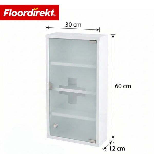 Floordirekt Logo. Arzneischrank mit satinierter Glastür, Schloss und Kreuz. Abmessungen 30 mal 60 mal 12 Zentimeter.